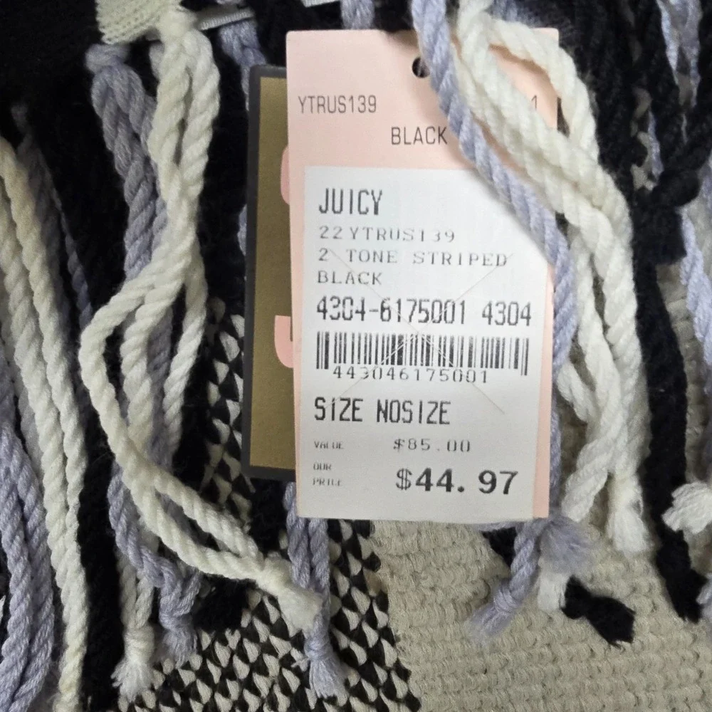 Juicy Couture House Of Juicy Scarf Wrap Fringed Gray‎ White Black Soft Warm NWT